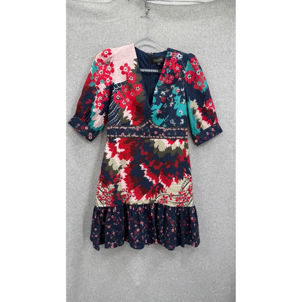 Saloni Mini Dress Women 6 Navy Floral Silk V-Neck Ruffle Hem Short Sleeve